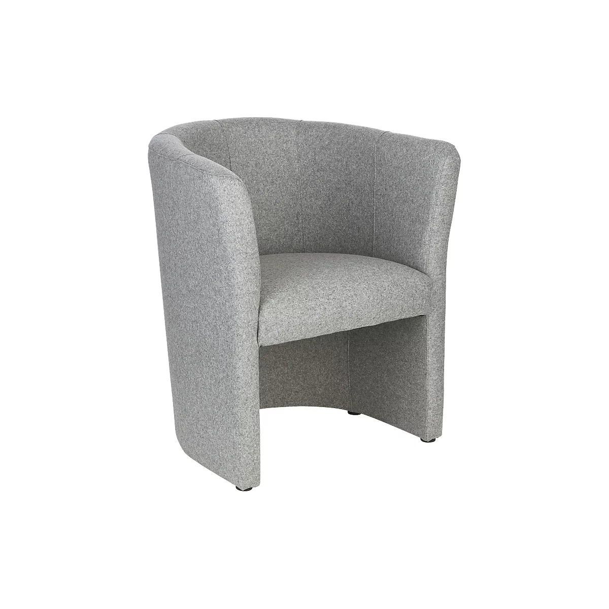 A grey cocktail chair, completely covered in fabric. The armchair has a curved back and armrests.