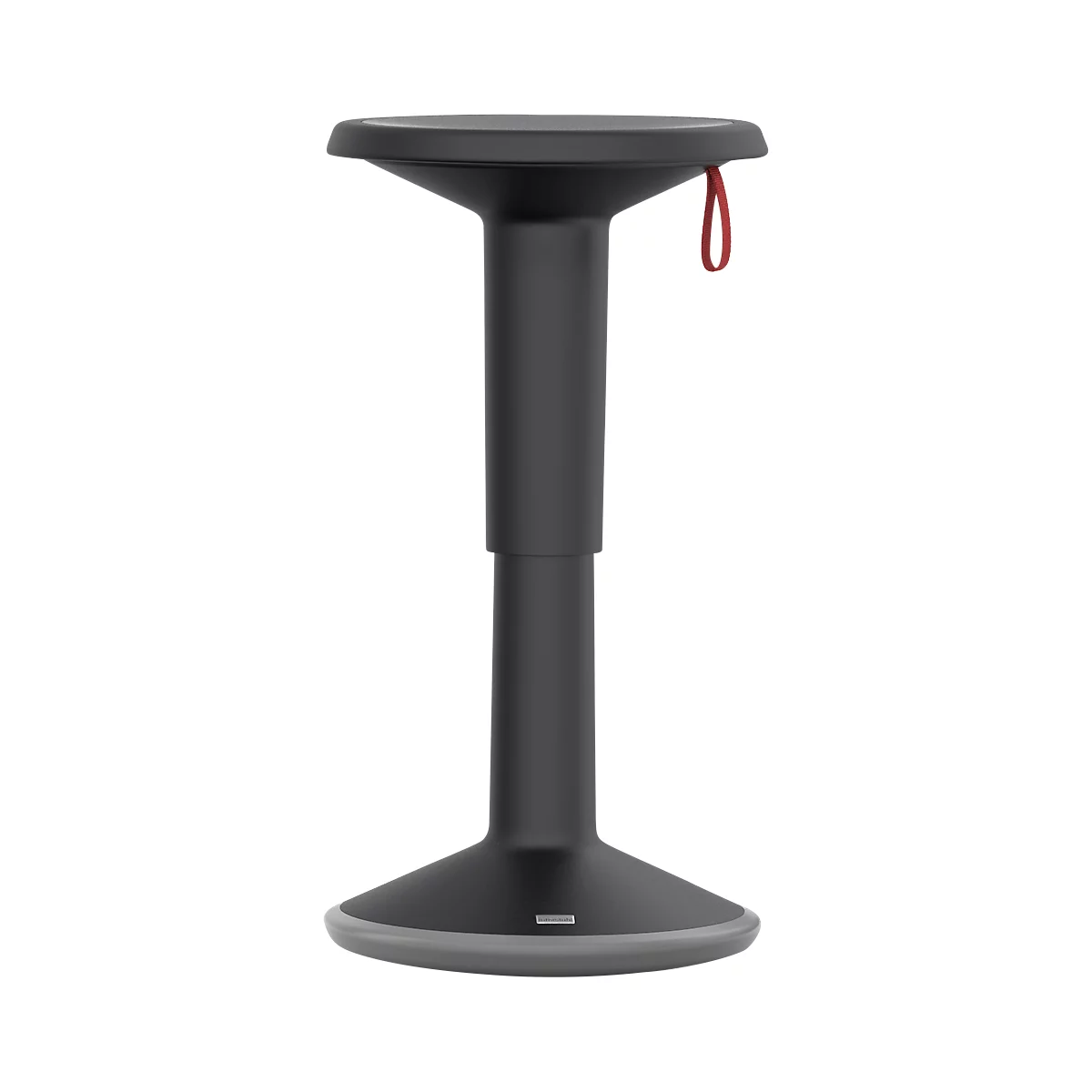 Black standing stool with red loop. Round seat, slender shaft and wide foot with gray edge.