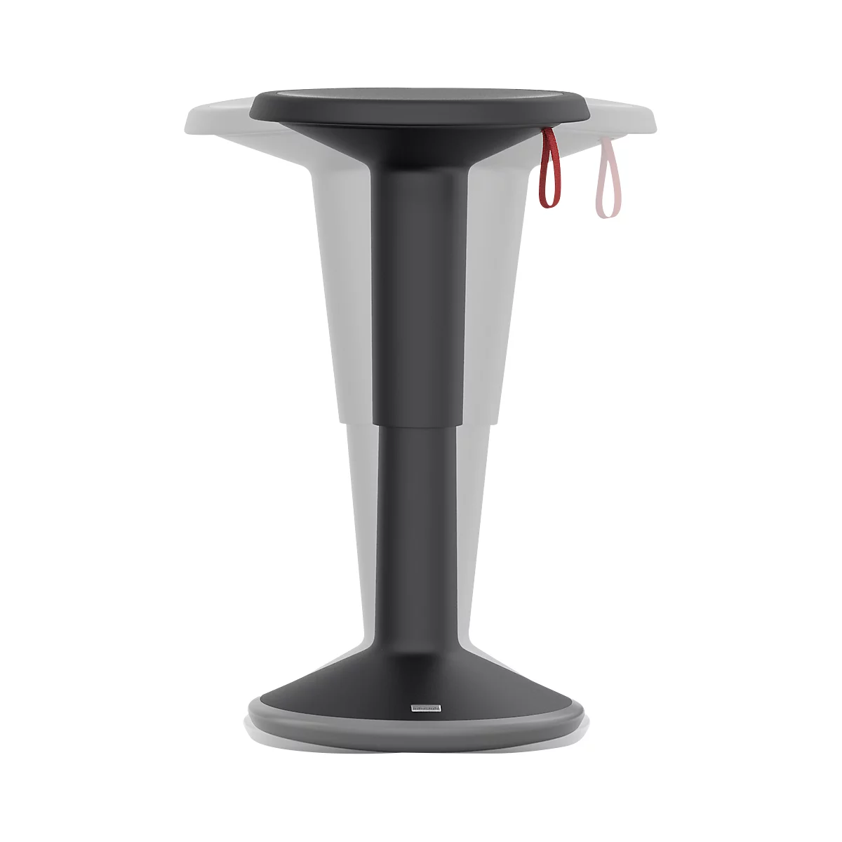A black standing stool against a white background. The stool is height-adjustable and has a round seat and a foot.