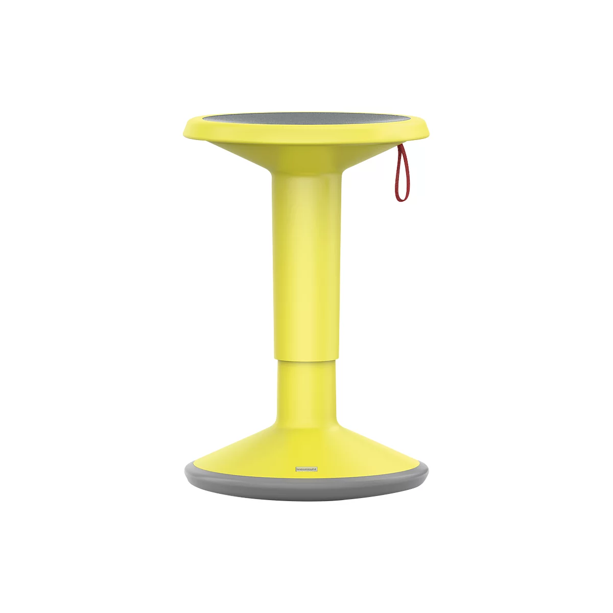 Yellow standing stool with dark gray seat and underside. Red hanger on the side.