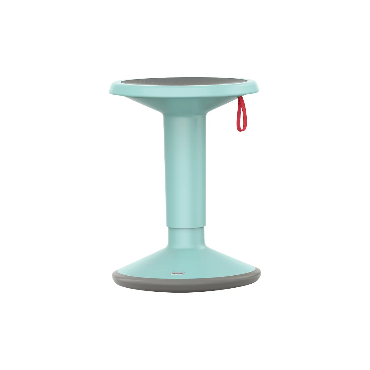 Turquoise standing stool, black seat, red handle. The shape is organic and modern.