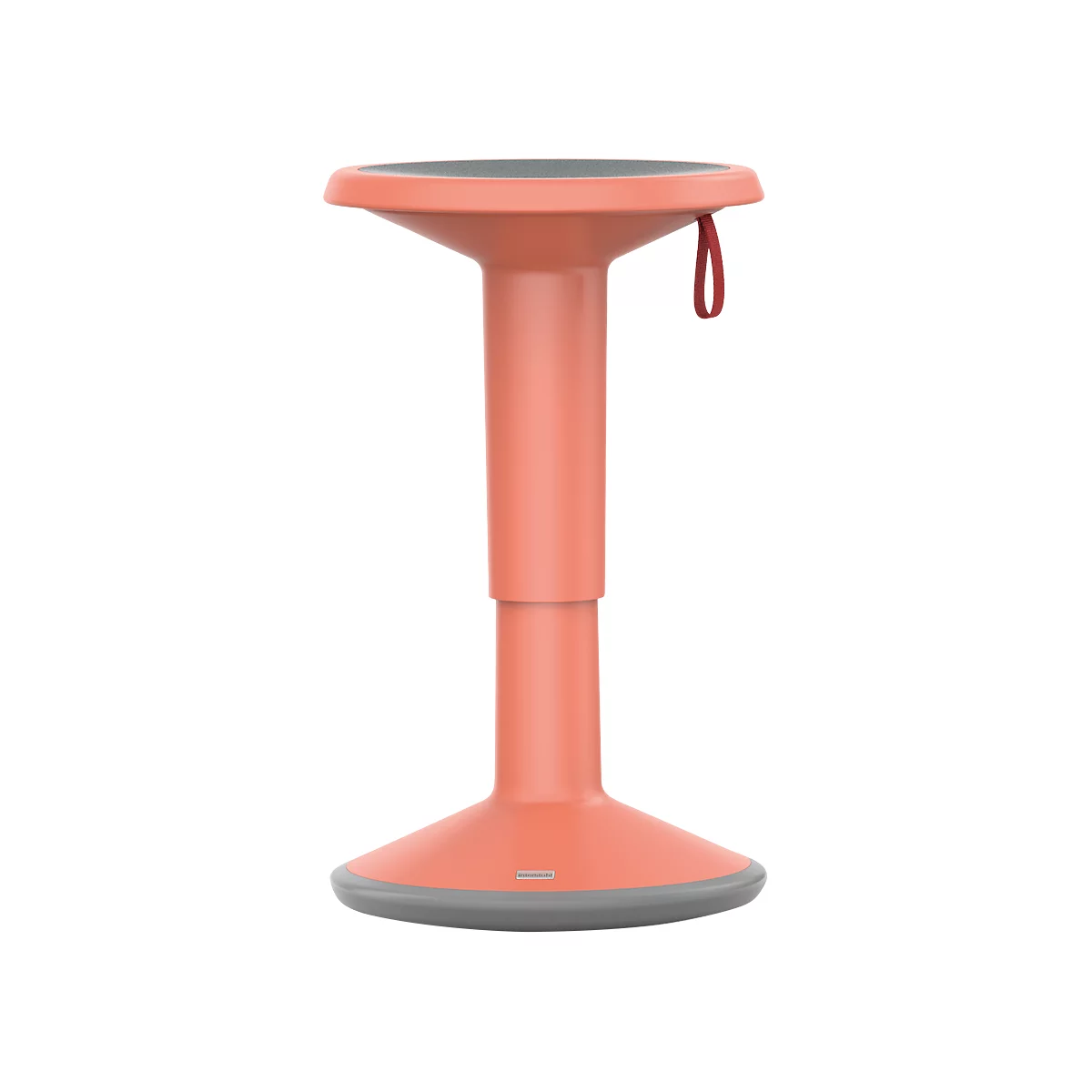 Coral-colored standing stool with round seat and handle. An adjustable stool that adapts to different heights.