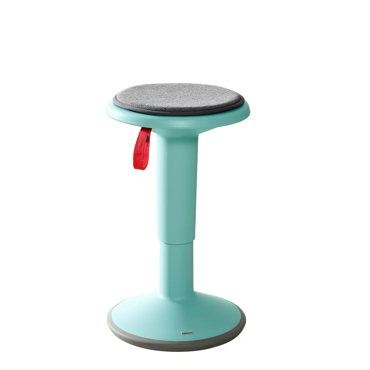 Turquoise stool, round seat with gray cushion, red handle.