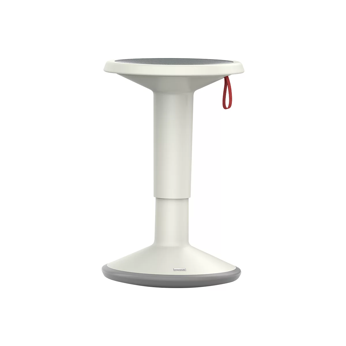 A height-adjustable standing stool in white with a red loop. The seat is dark gray, the base is outlined in light gray.