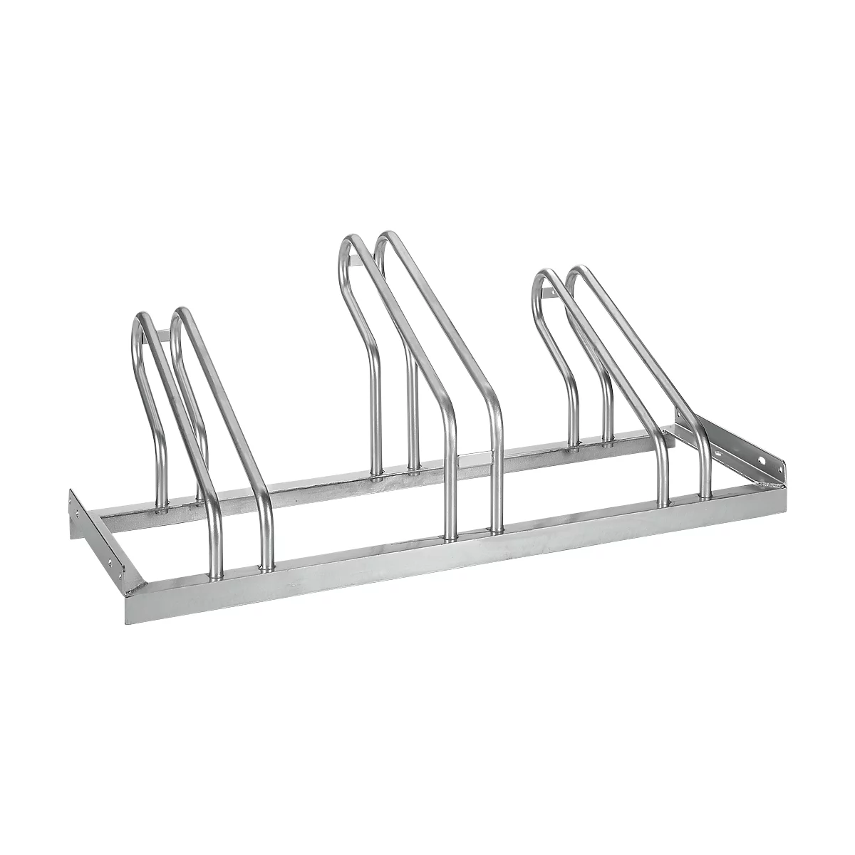 Metal bike rack with curved supports. Angled front view.