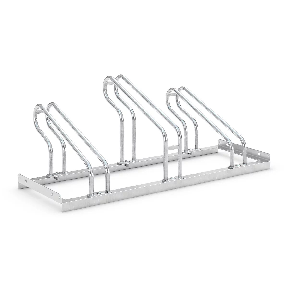 Metal bike rack, silver colored. There are several brackets to park bikes.