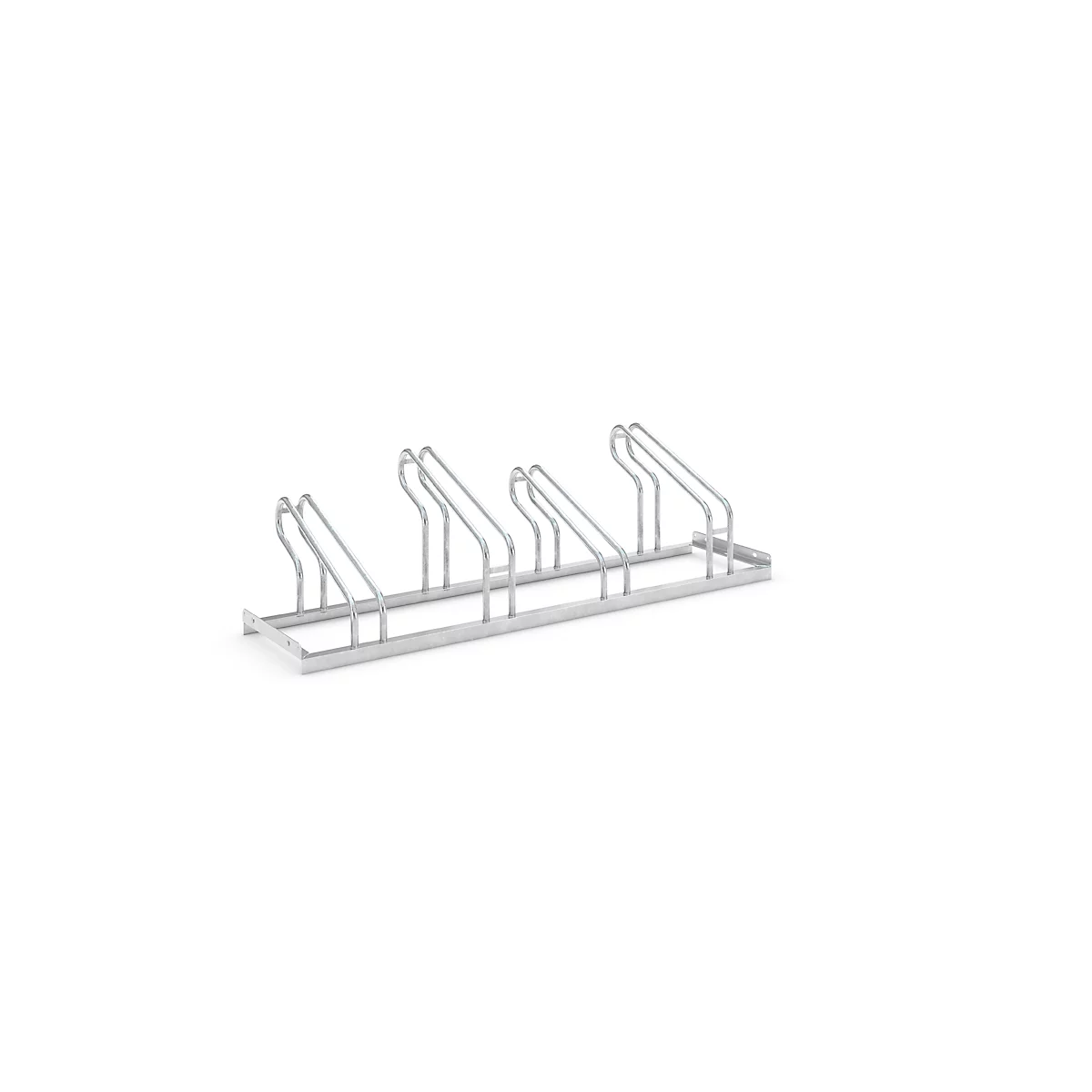 Metal bicycle stand with multiple spaces on a white background.