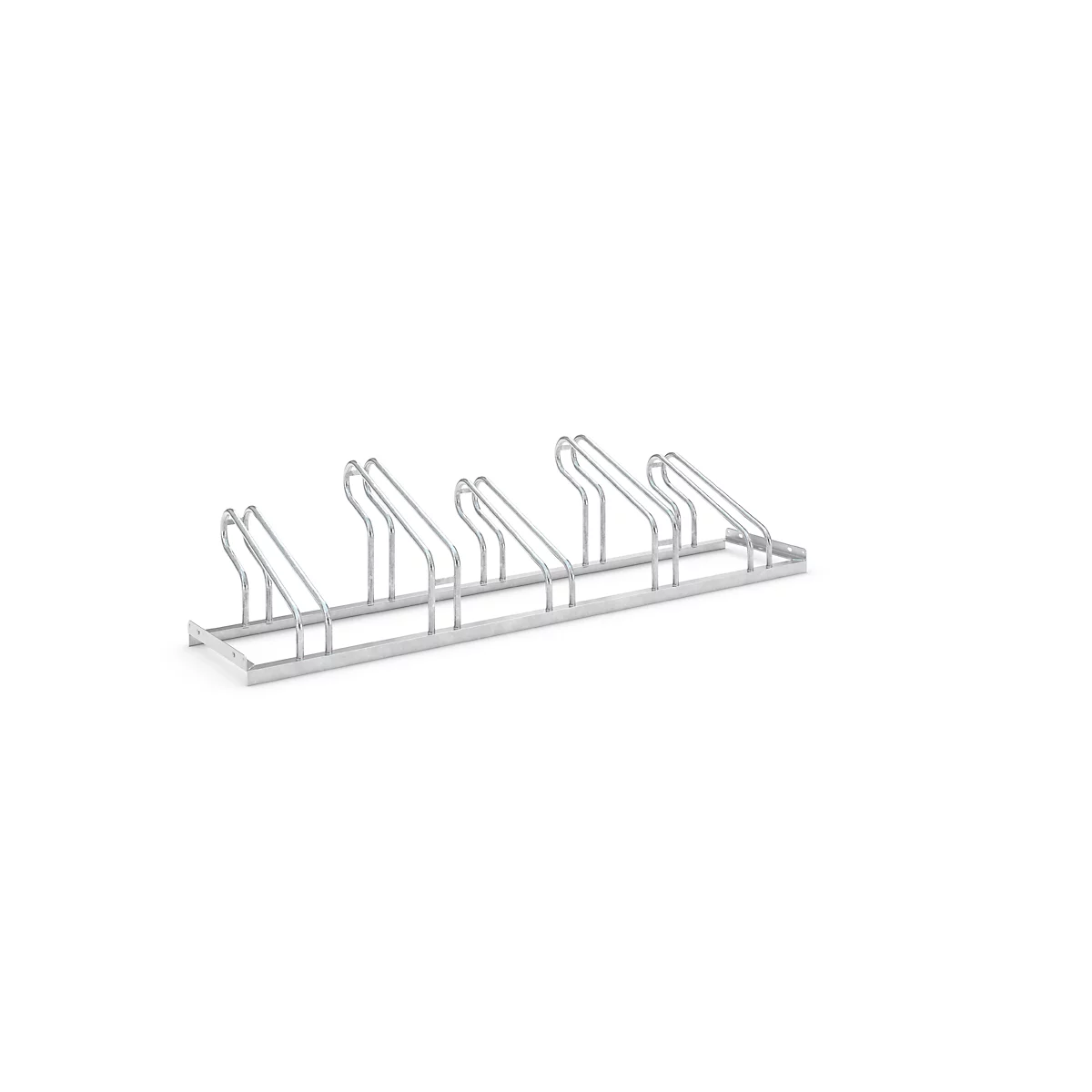 Metal bicycle rack, light grey, on a white background.