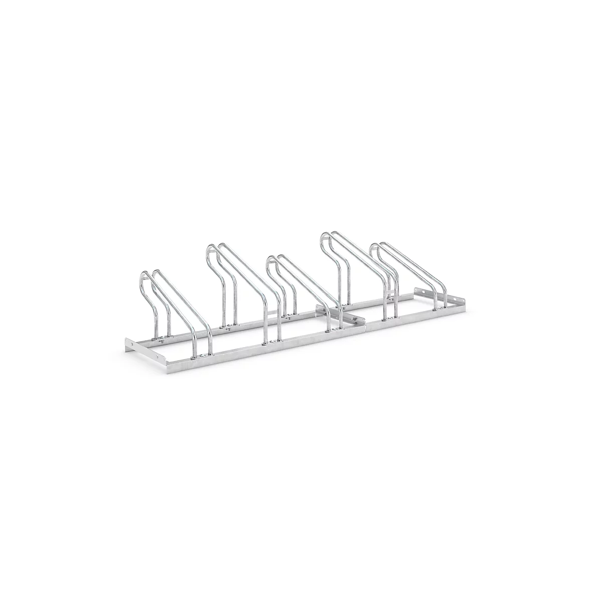 Metal bike rack with multiple holders for bicycles.