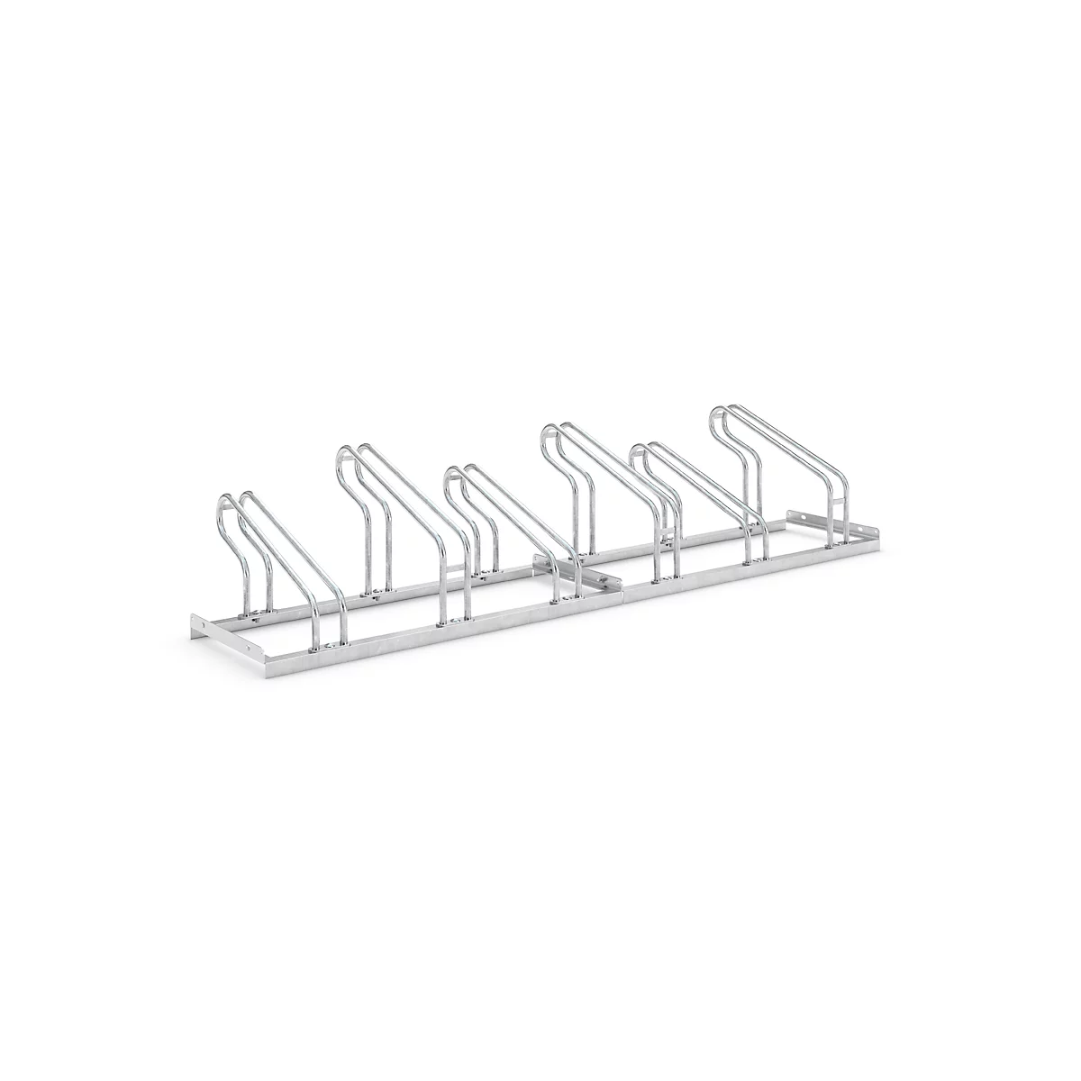 Silver metal bicycle rack on a white background.