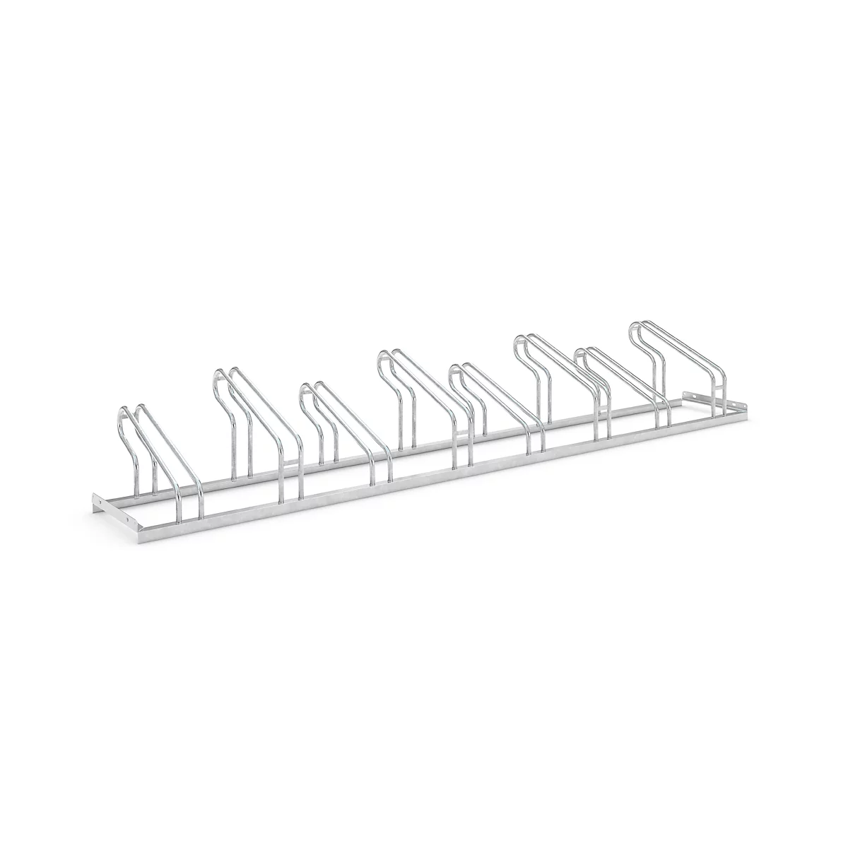 Metal bicycle rack, designed to hold several bicycles. Shown against a white background.