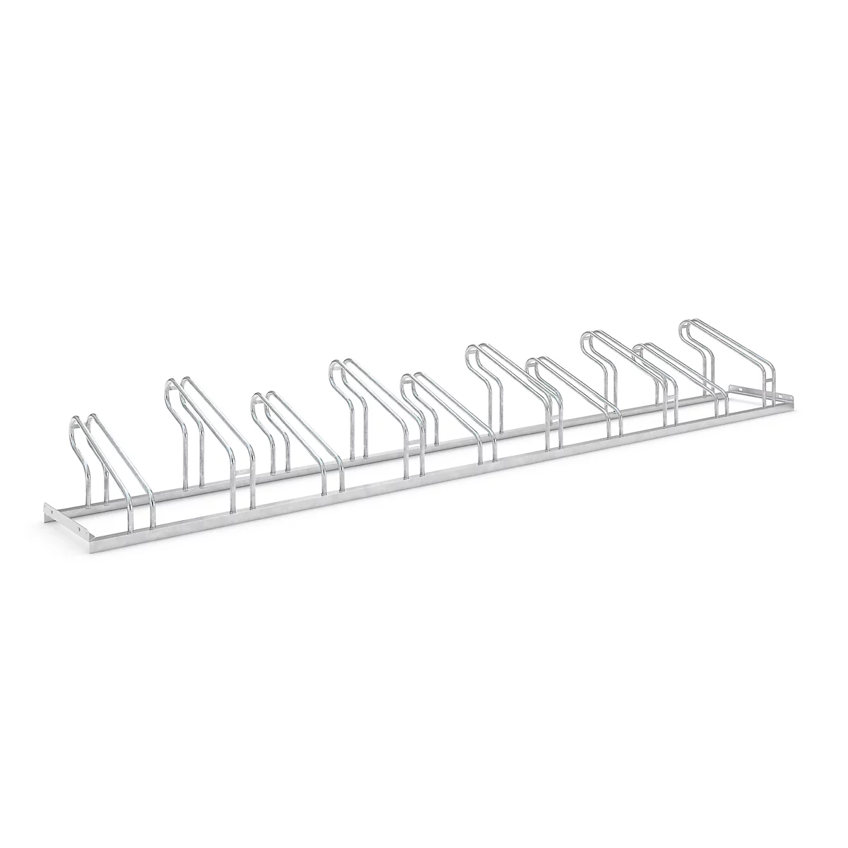 Metal wire bicycle rack against a white background. The rack has space for several bikes.