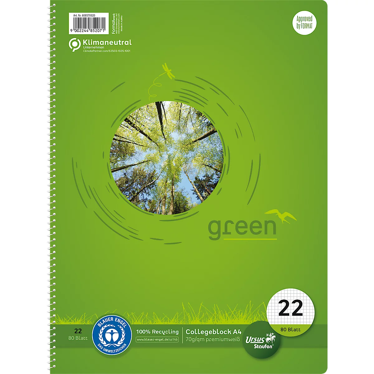 Grünes Notizbuch, Spirale, Baumkrone, Text 'green', 'Blauer Engel'-Logo, '22'.