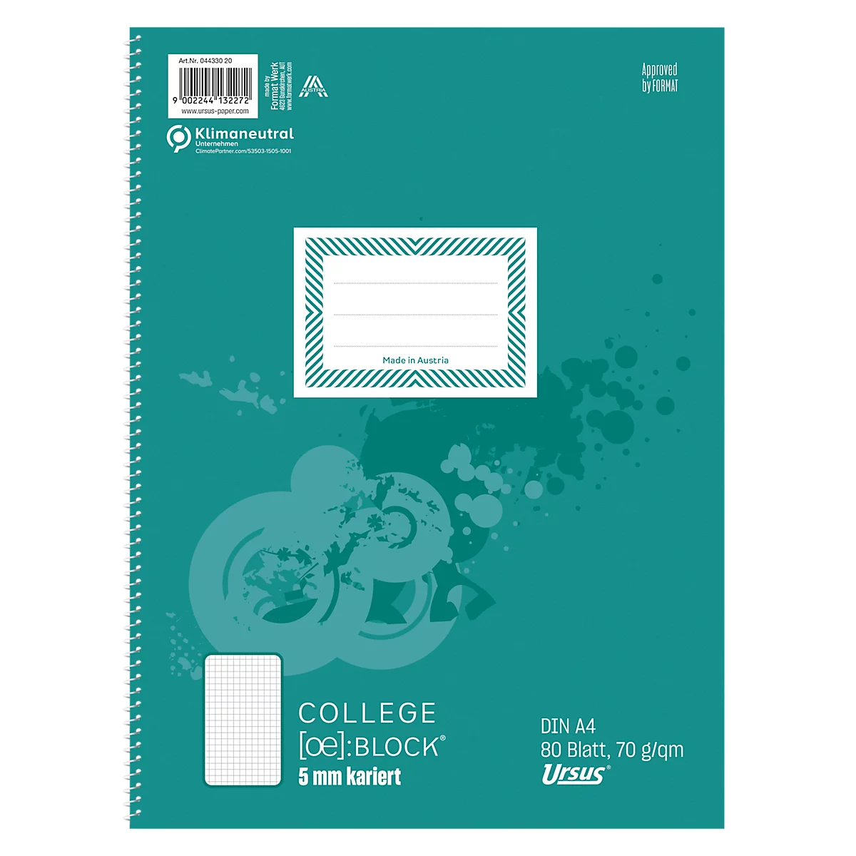 Ein kariertes College-Block in Türkis. Auf dem Cover sind Schriftzüge und ein leeres Adressfeld zu sehen.