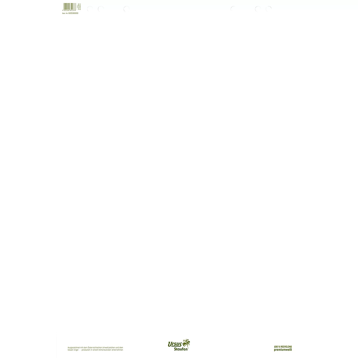 Ein weißes Blatt Papier, mit Perforationen am oberen Rand, sowie Logo und Schriftzügen am unteren Rand.