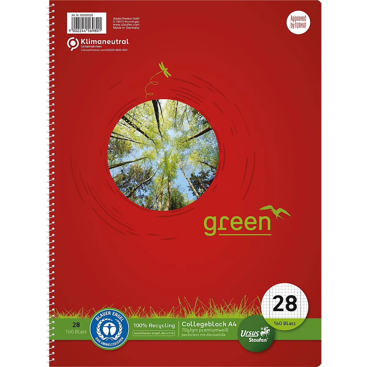 Roter Collegeblock mit grünem Text "green" und Baumabbildung. Oben links "Klimaneutral", unten Siegel "Blauer Engel".