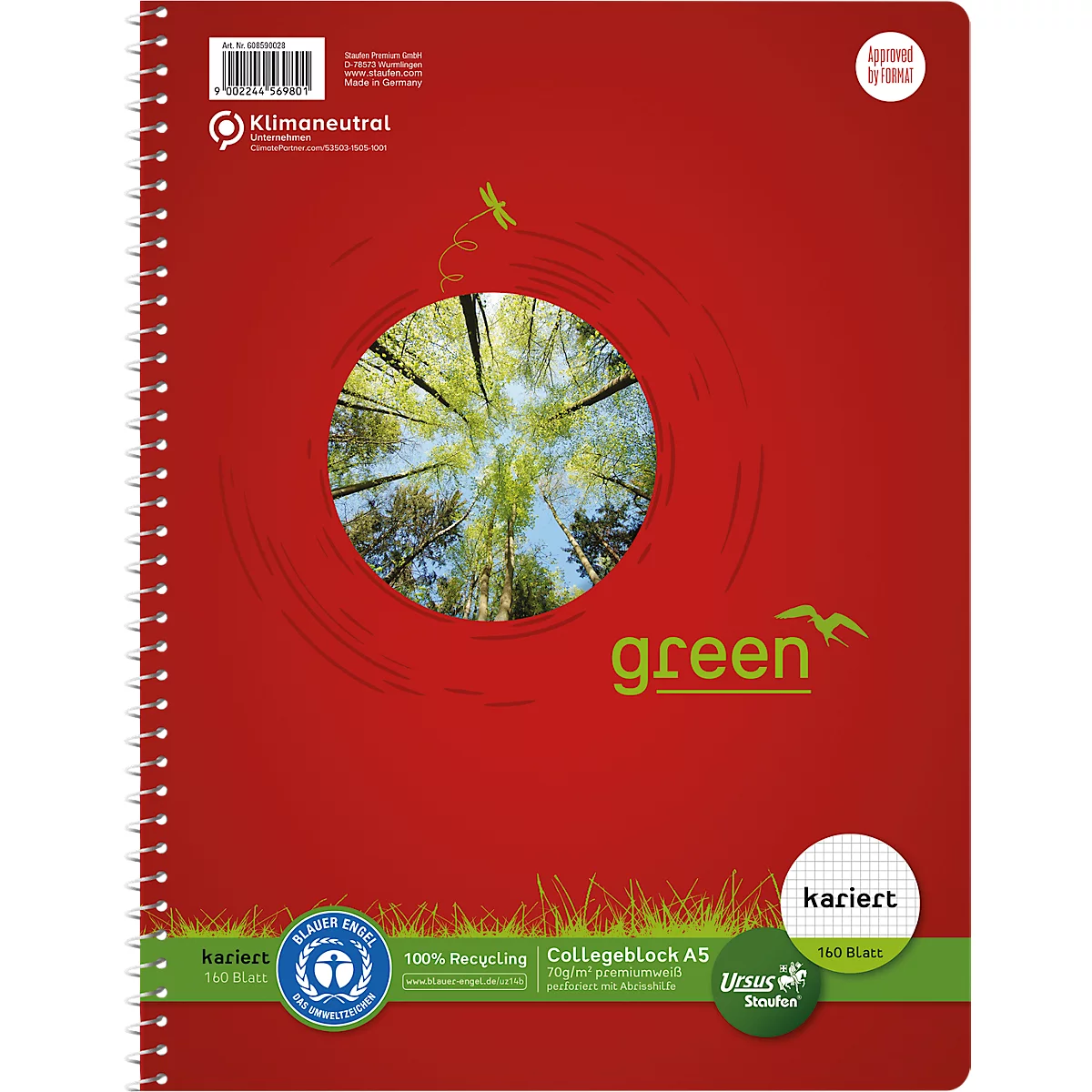 Rotes Collegeblock-Notizbuch mit Spirale. In der Mitte ein kreisförmiges Bild von Bäumen, darunter das Wort 'green'.