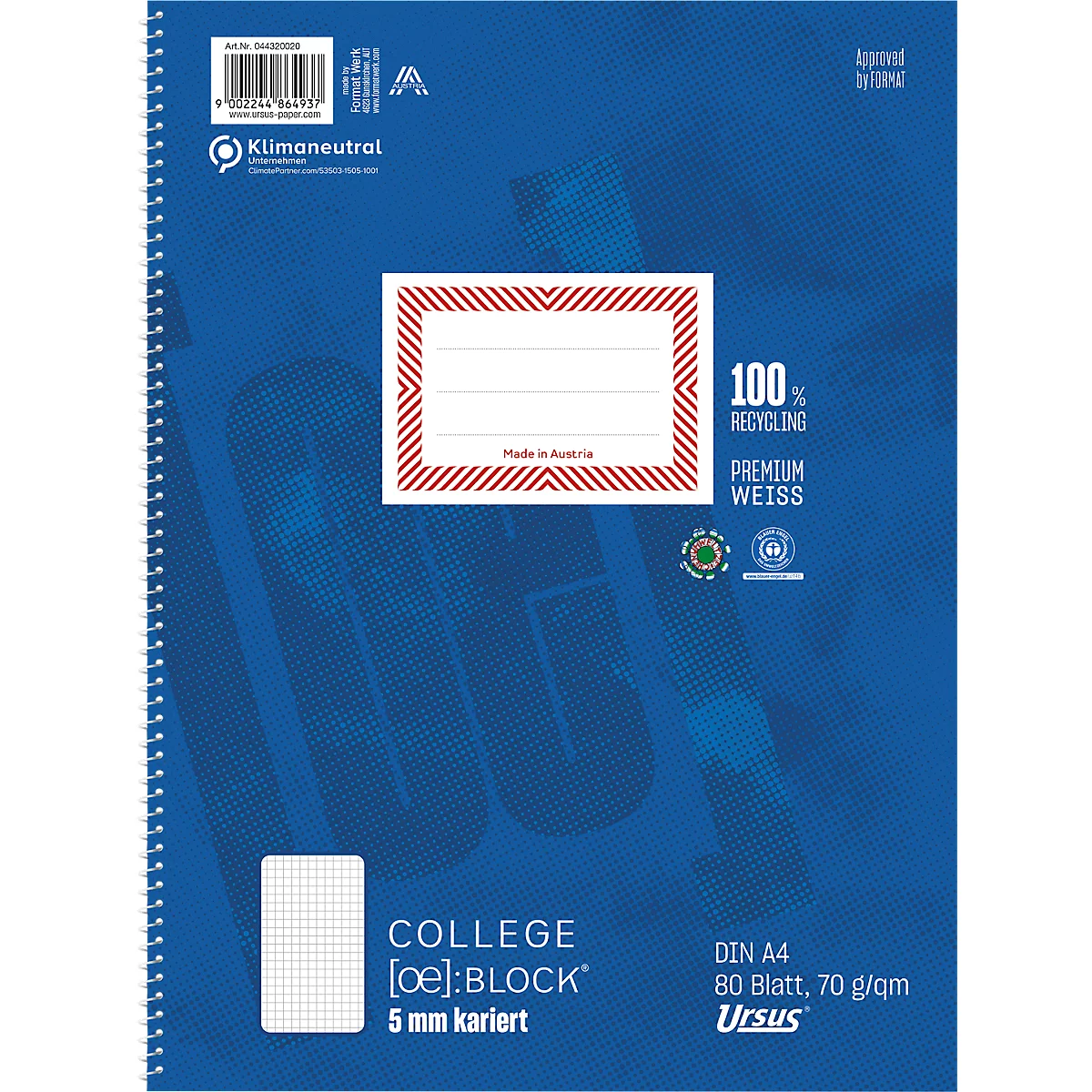 Blaues Collegeblock-Notizbuch mit Spiralbindung und karierten Blättern, Textfeldern und '100% Recycling' Kennzeichnung.