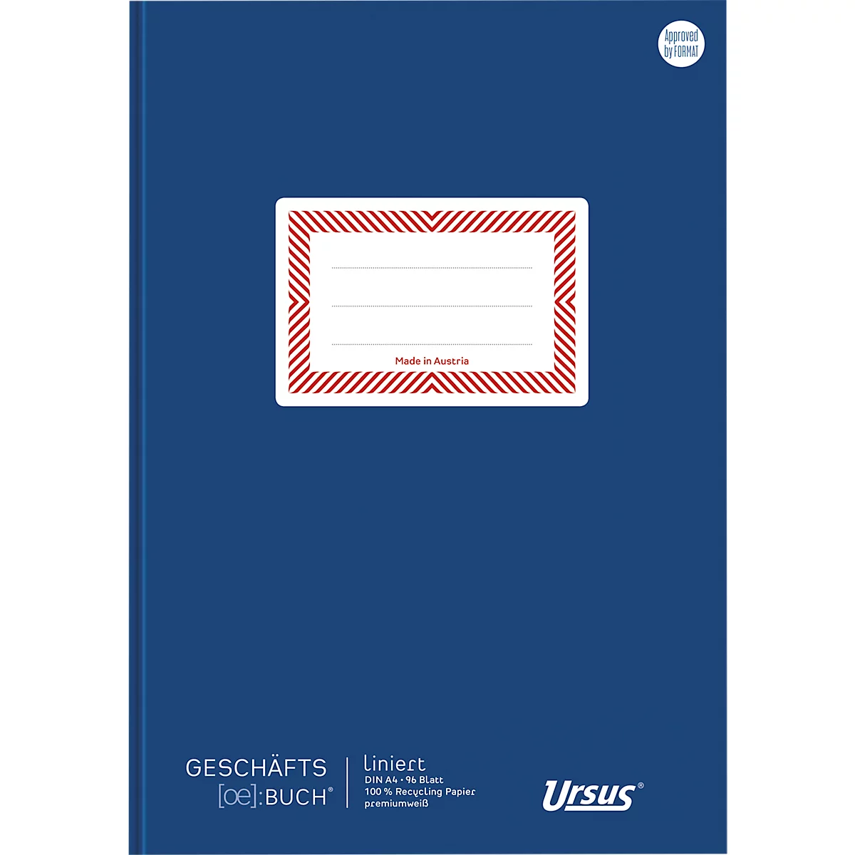 Blaues Notizbuch mit rotem Rahmen, weißem Feld für Beschriftung. Aufschrift: „GESCHÄFTS [oe]BUCH“, „Ursus“.
