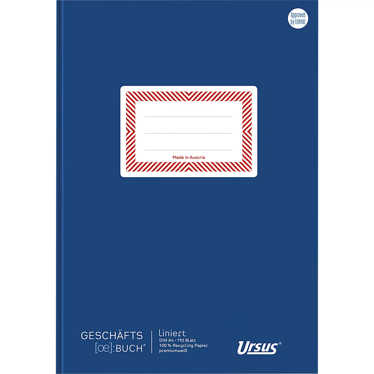 Blaues Notizbuch mit rotem Namensschild, darunter Schriftzug: GESCHÄFTS [oe] BUCH. Marke: Ursus.