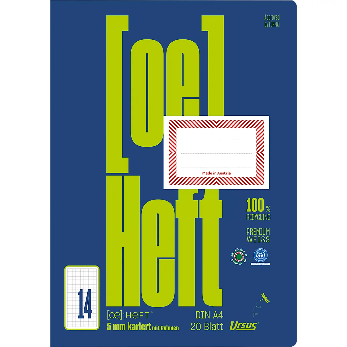 Ein blaues Heft mit grüner Schrift, der Name des Hefts ist groß geschrieben. Auf dem Heft ist ein weißes Etikett mit rotem Rand.