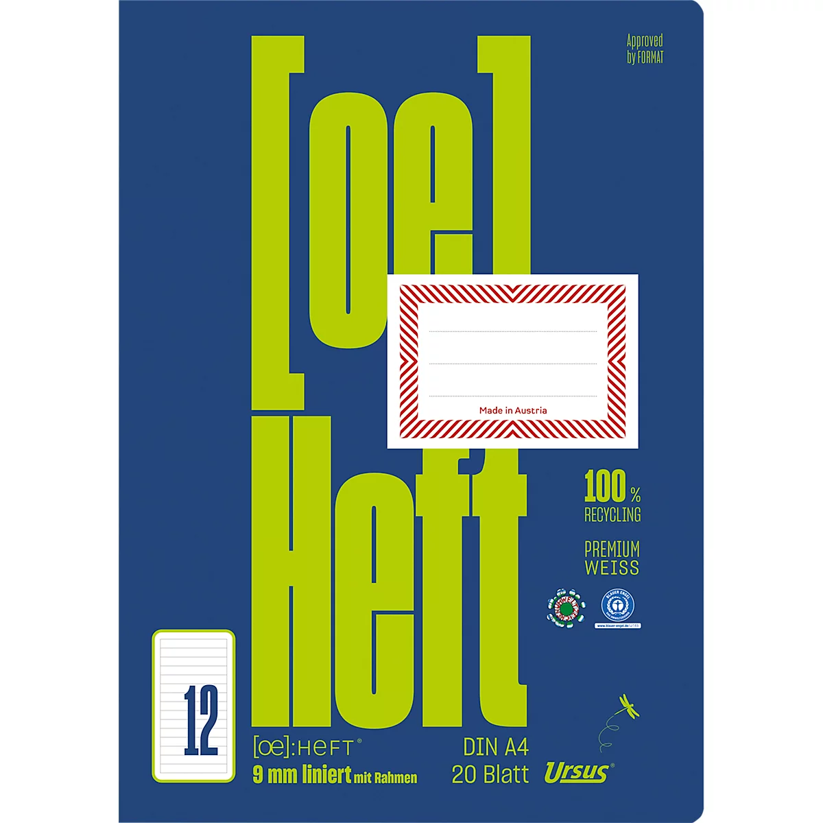 Blaues Heft mit großem, grünem Schriftzug: [oe]Heft. Oben rechts das Logo des Herstellers und ein Namensetikett. Unten links: Nummer 12.