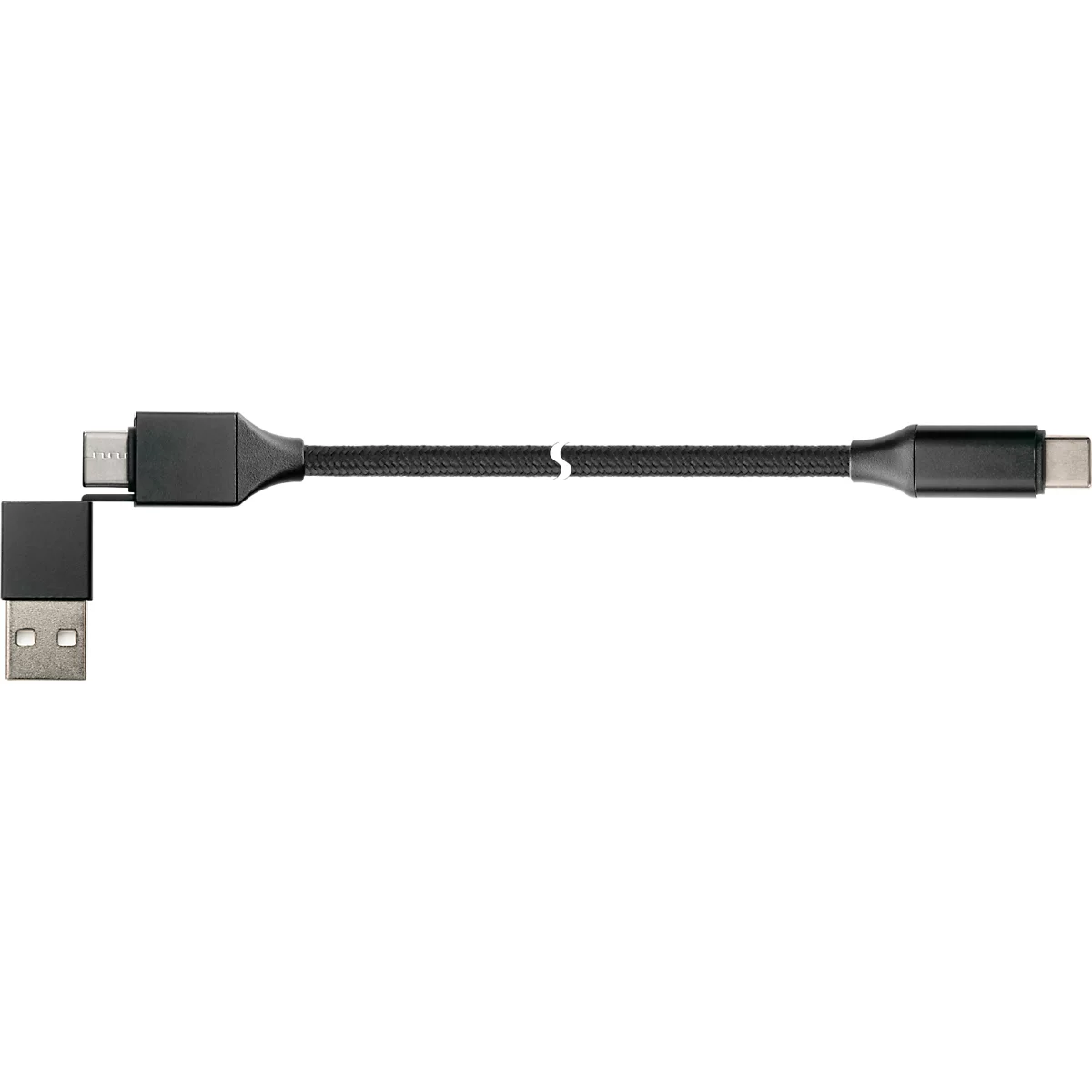 Black USB-C cable. One end has a USB-A connector, the other USB-C. There's a small cut-out in the middle of the cable.