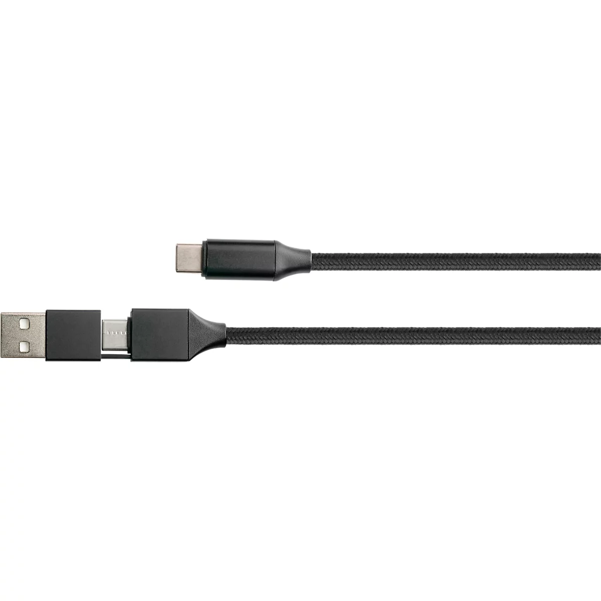 A black USB-C cable extending from two ends: USB-A and USB-C.