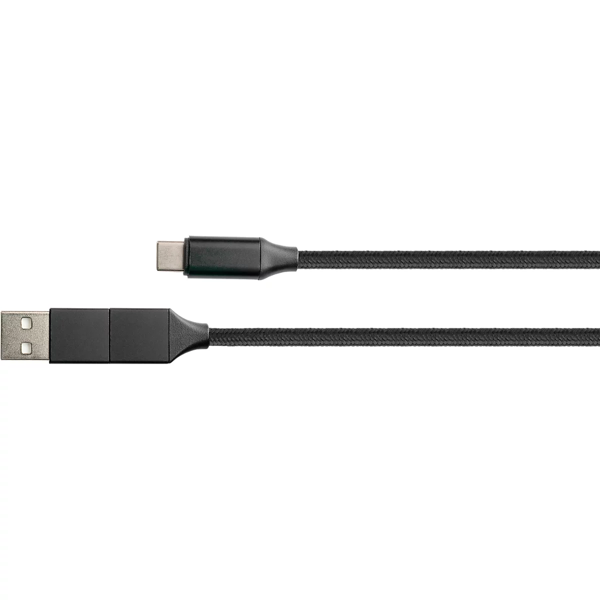 Close-up of a black USB-C and USB-A cable. The cables are arranged in parallel.
