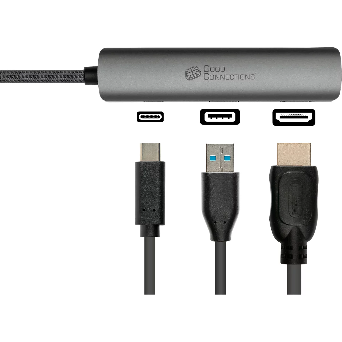 USB-C hub Good Connections, 3-poorts met 1 x HDMI, 1 x USB-C, 1 x USB 3.0 A, antraciet
