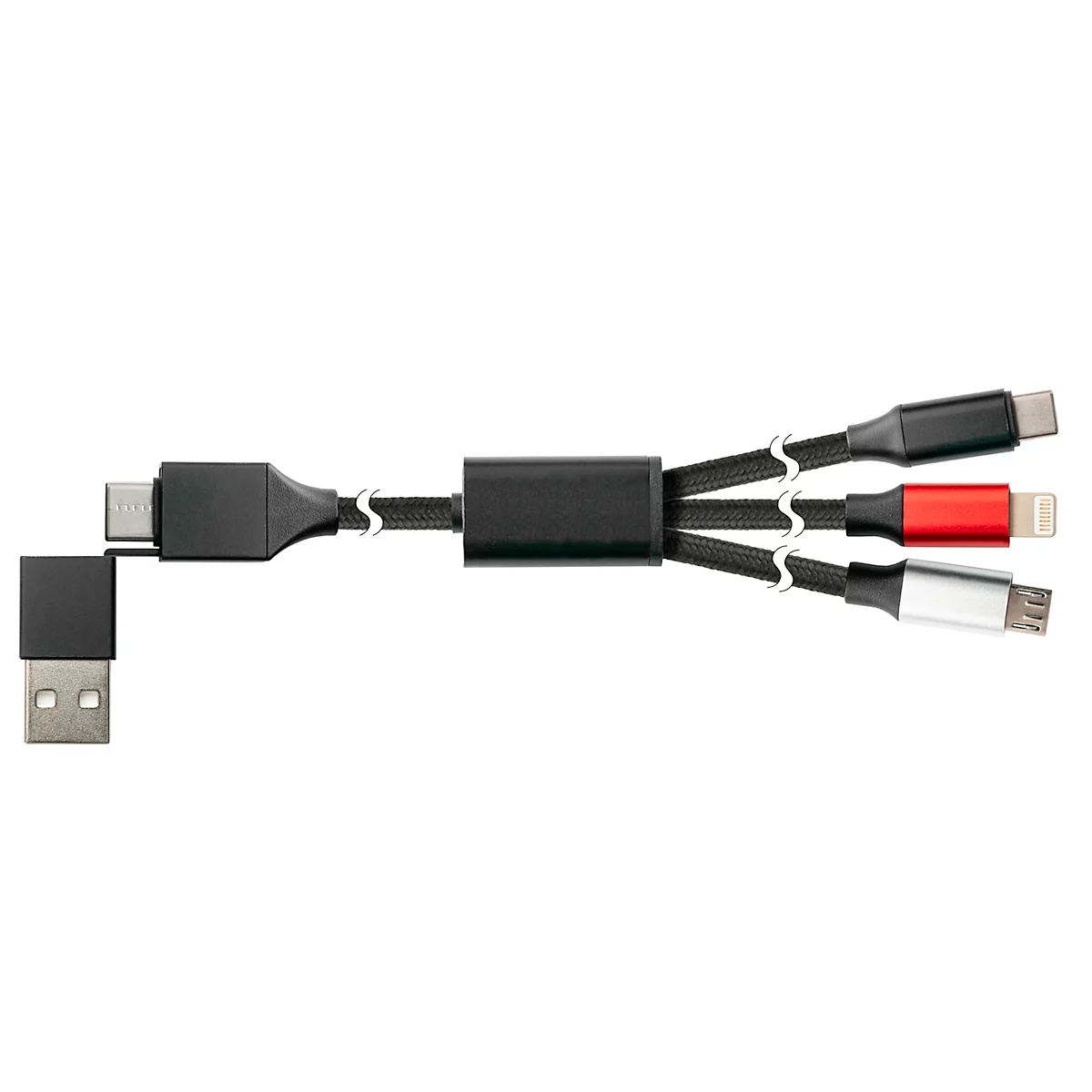 Black multi-purpose charging cable with USB, micro-USB, Type-C, and Lightning connectors.