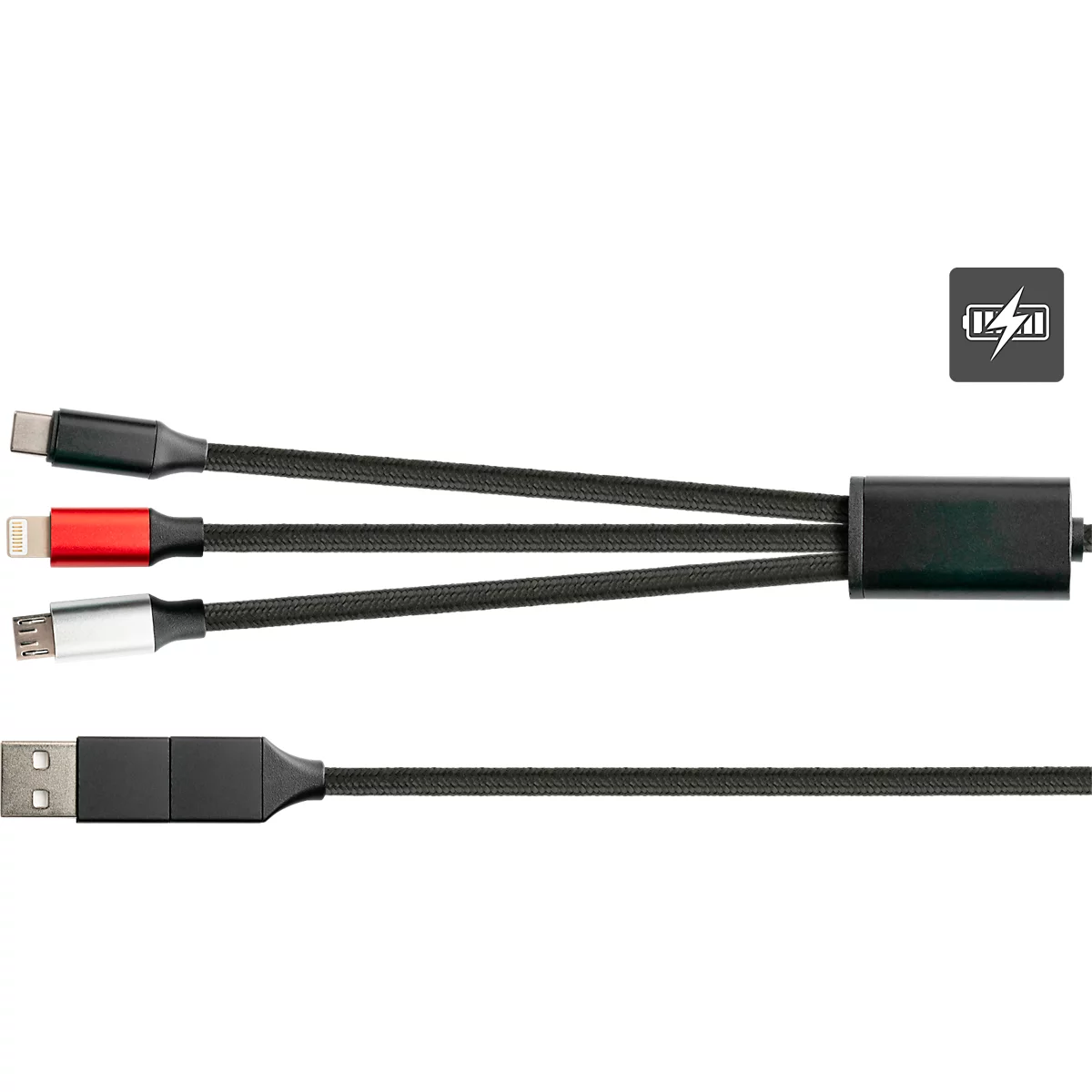 Black charging cable with three connectors: USB-C, Lightning and Micro-USB. On one side a USB connector.