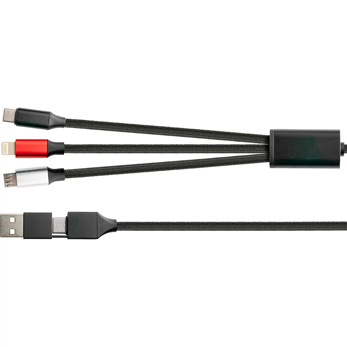 Multi-charging cable with three connectors and one USB connection. Black cables with USB-C, Lightning and Micro-USB connectors.
