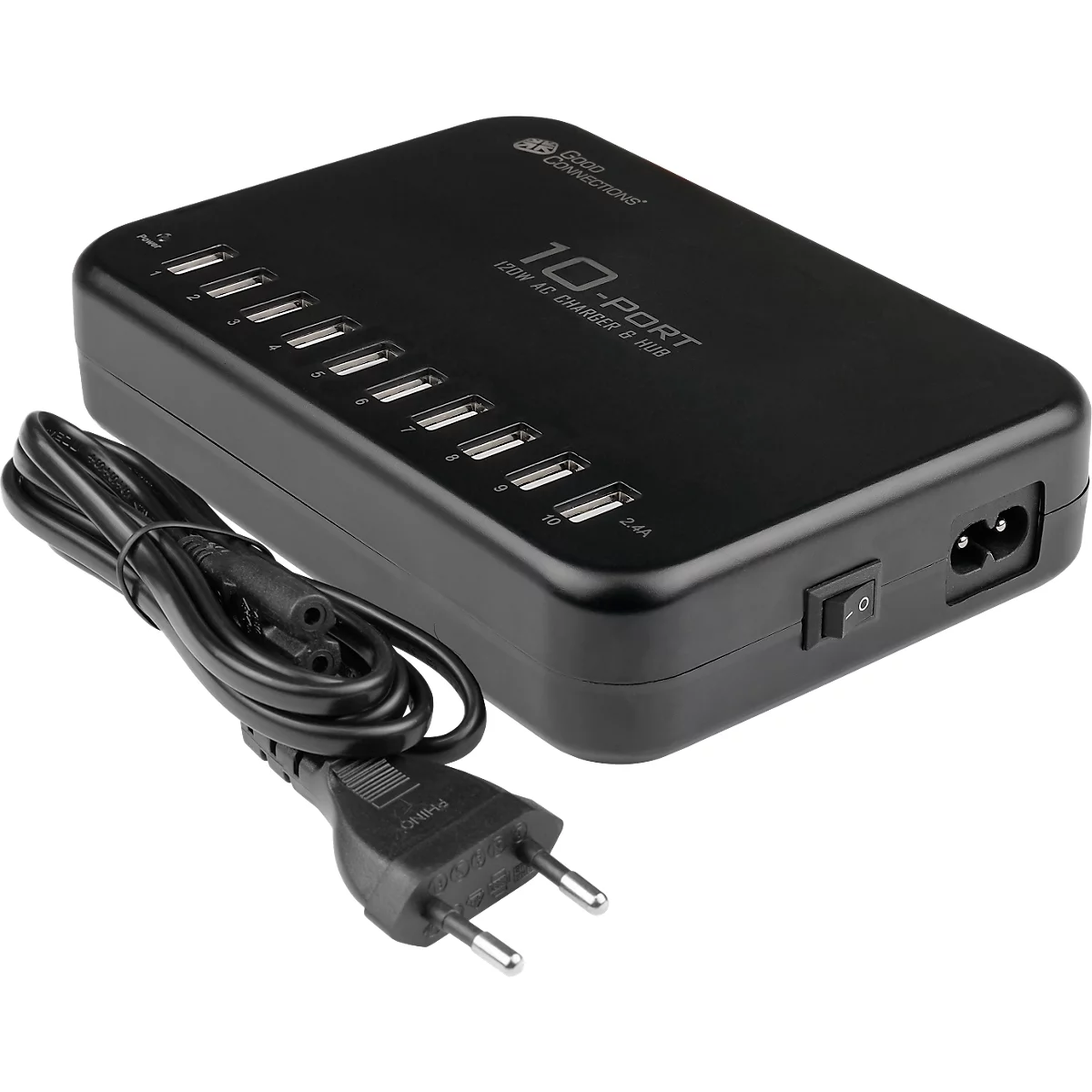 USB-Desktop-Schnellladestation Good Connections, 10er-Port mit 10 x USB-A, Leistung 120 W, schwarz