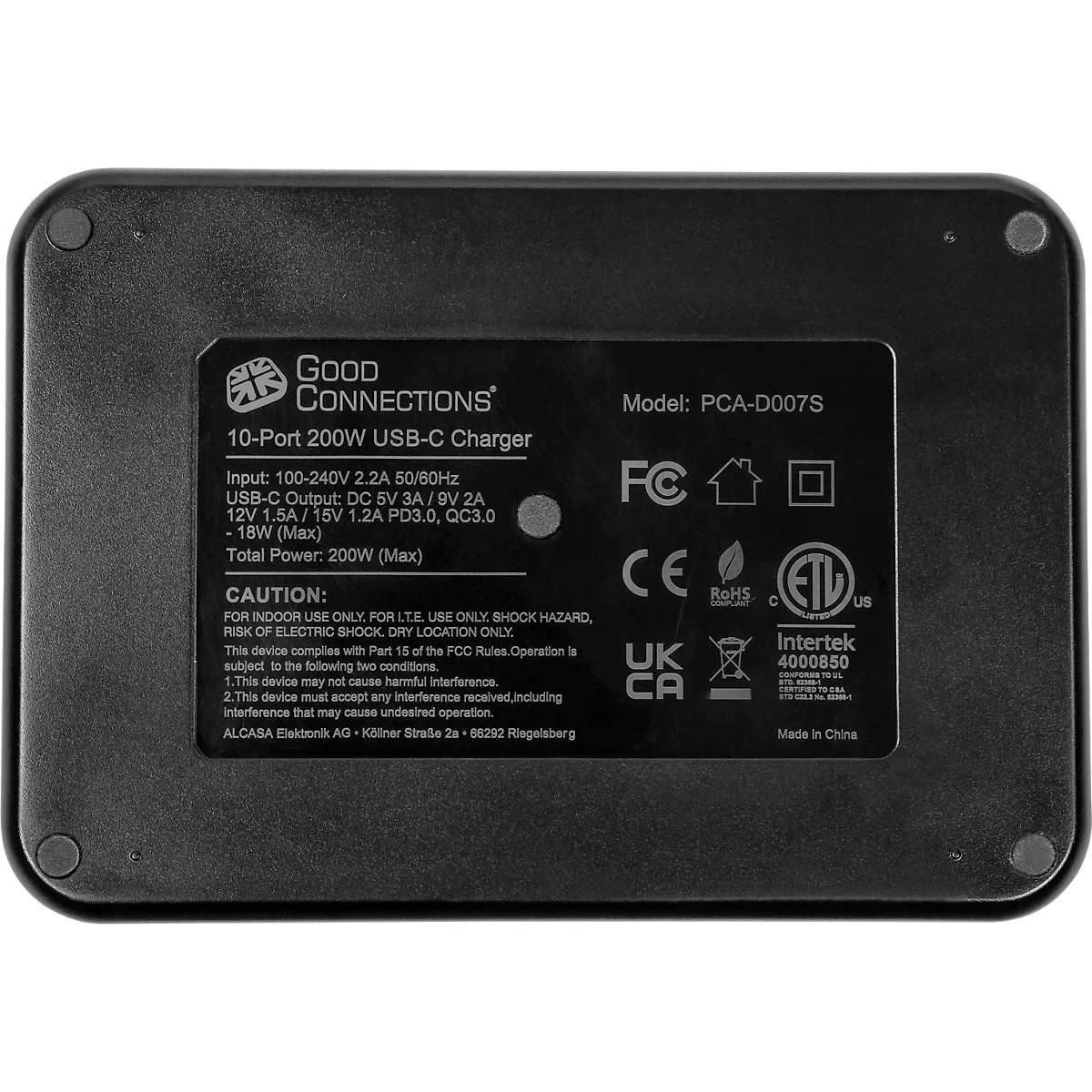 USB-Desktop-Schnellladestation Good Connections, 10er-Port mit 10 x USB-C, Leistung 200 W, schwarz