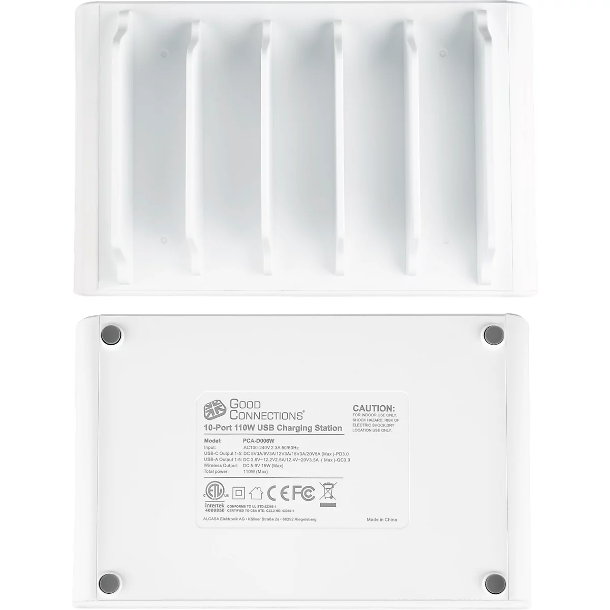 USB-Desktop-Schnellladestation Good Connections, 10er-Port mit 5 x USB-C + 5 x USB-A, Leistung 110 W, weiß