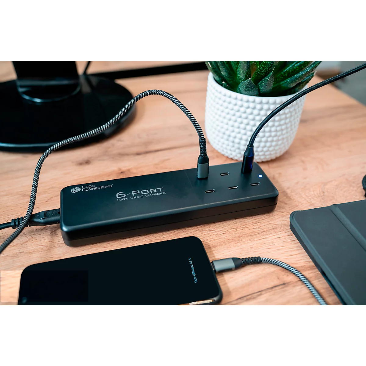 USB-Desktop-Schnellladestation Good Connections, 6er-Port mit 6 x USB-C, Leistung 120 W, schwarz
