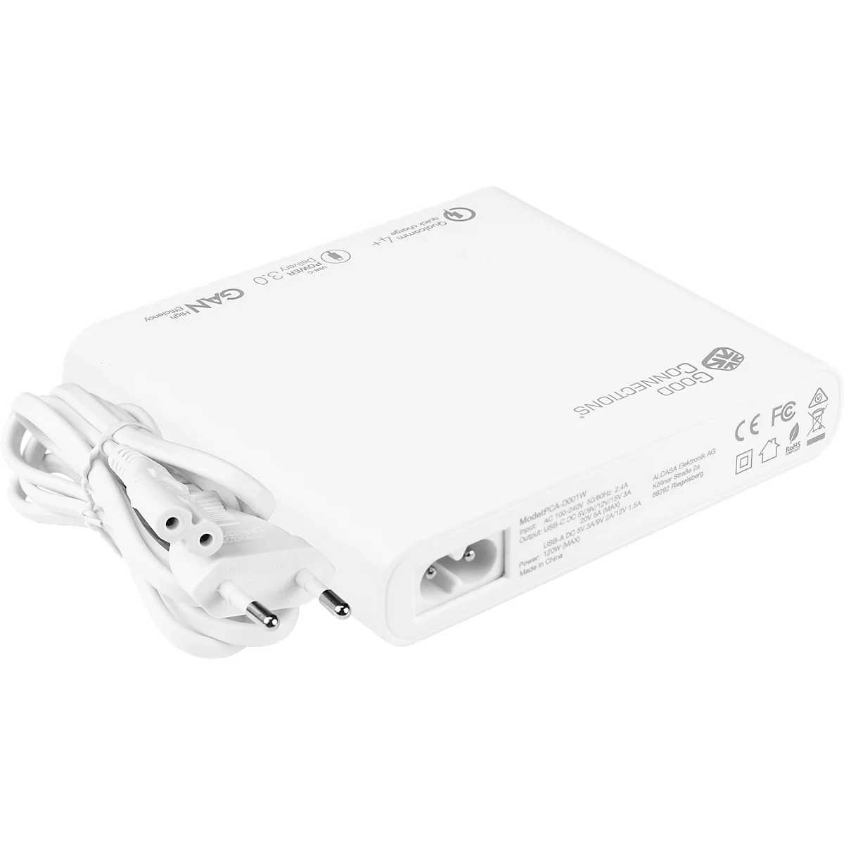 USB-Desktop-Schnellladestation Good Connections, mit GaN-Technologie, 4er-Port, 2 x USB-C + 2 x USB-A, Leistung 120 W, weiß