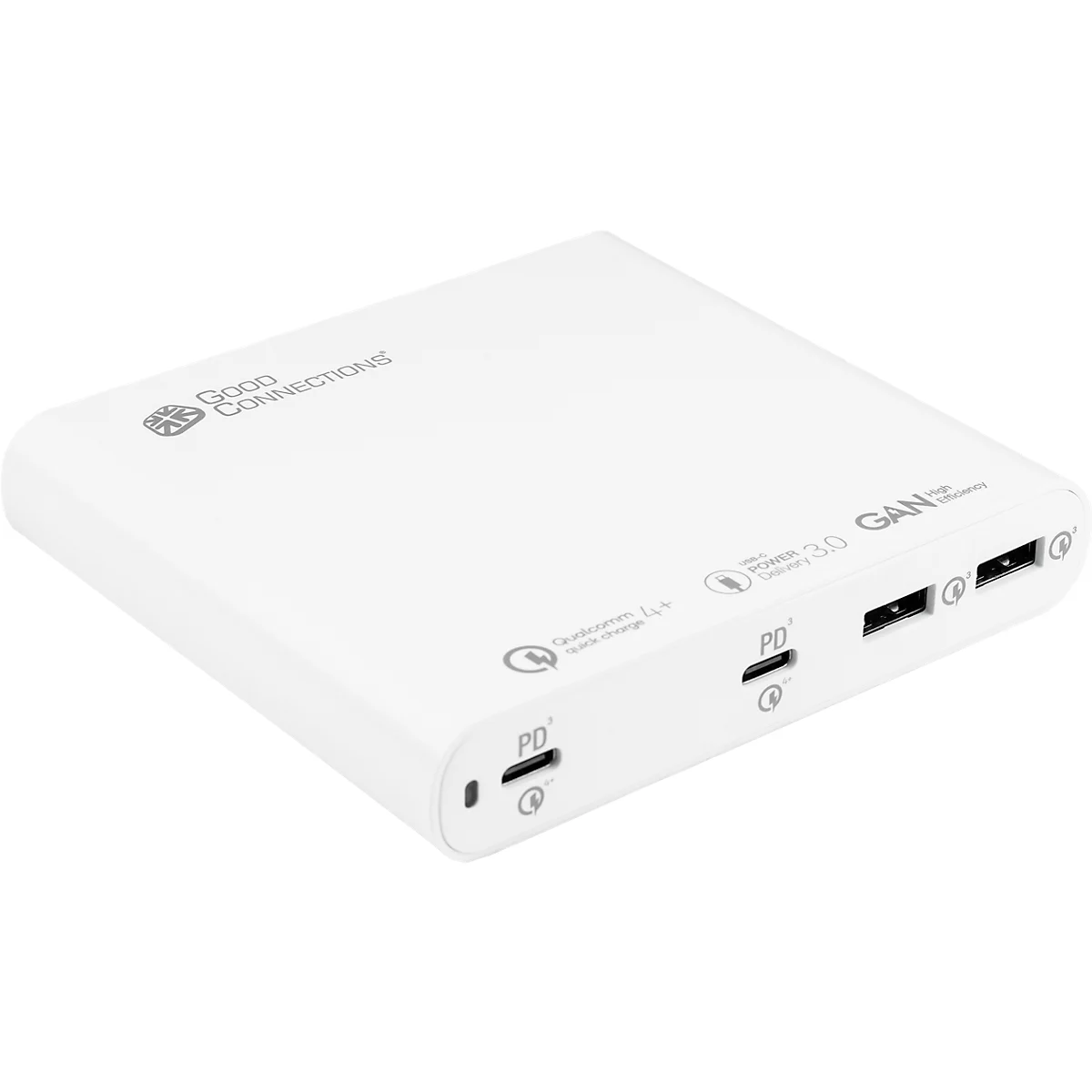USB-Desktop-Schnellladestation Good Connections, mit GaN-Technologie, 4er-Port, 2 x USB-C + 2 x USB-A, Leistung 120 W, weiß