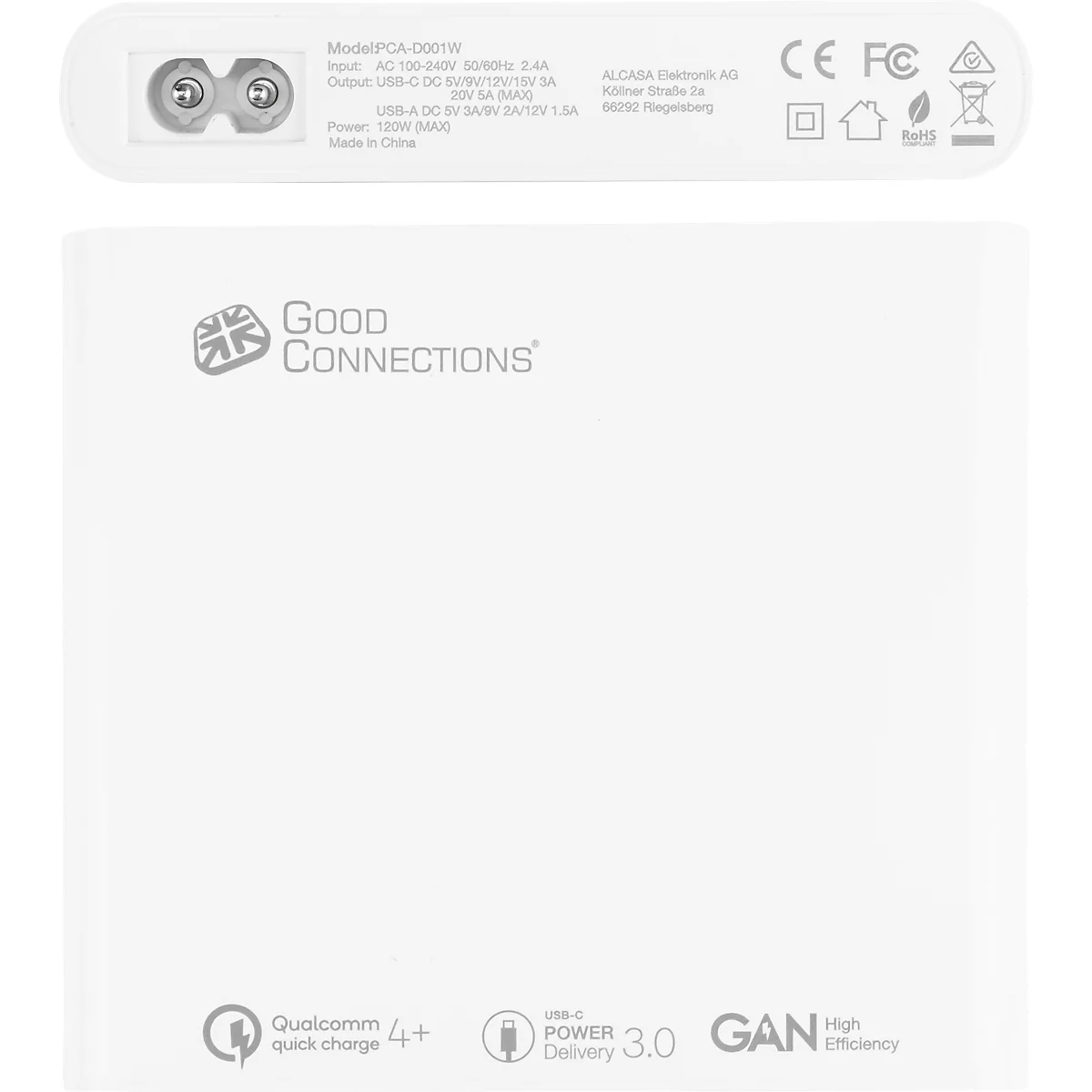 USB-Desktop-Schnellladestation Good Connections, mit GaN-Technologie, 4er-Port, 2 x USB-C + 2 x USB-A, Leistung 120 W, weiß