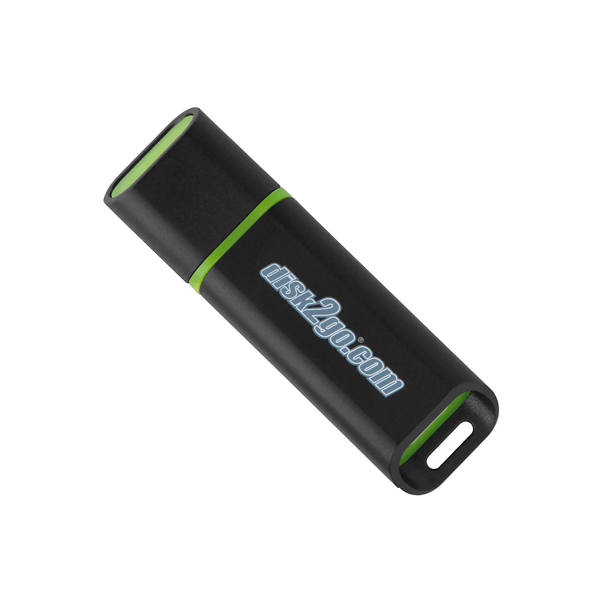 Black USB stick with green accent and disk2go.com text.