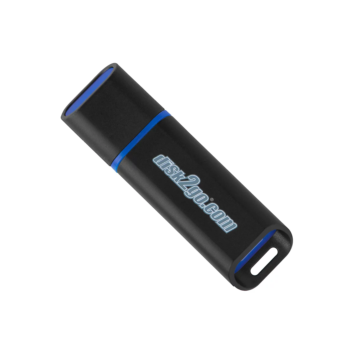 Black USB stick with blue accents and disk2go.com imprint.