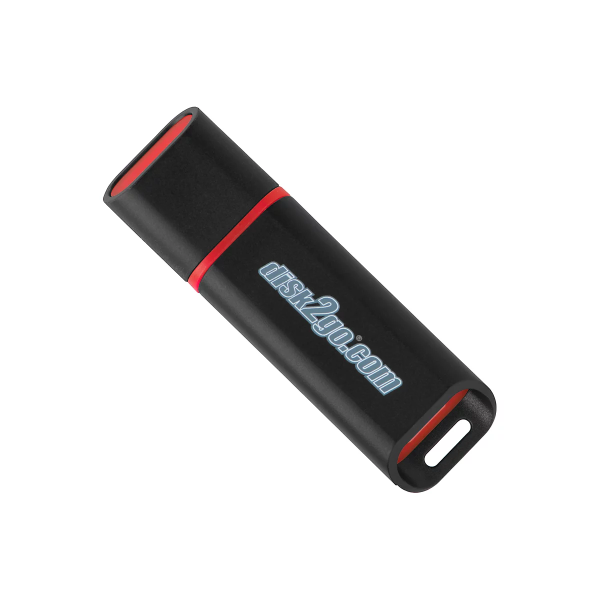 Black USB stick with red trim. Inscription disk2go.com.