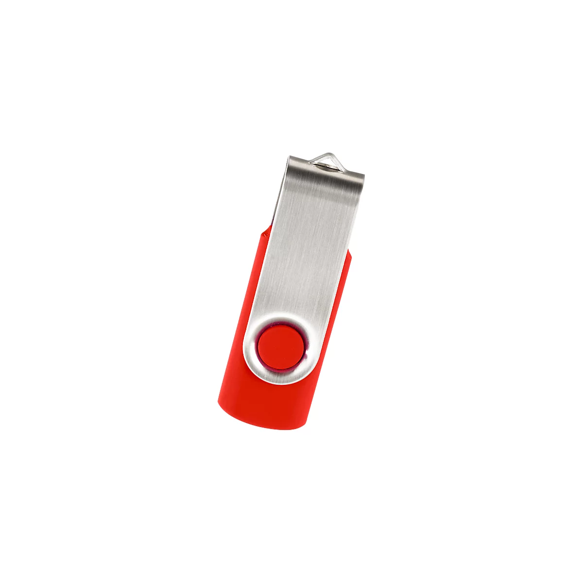 Red USB stick with metal cap. The stick has a red cap and a silver metal cap that can be folded over to protect the connection.