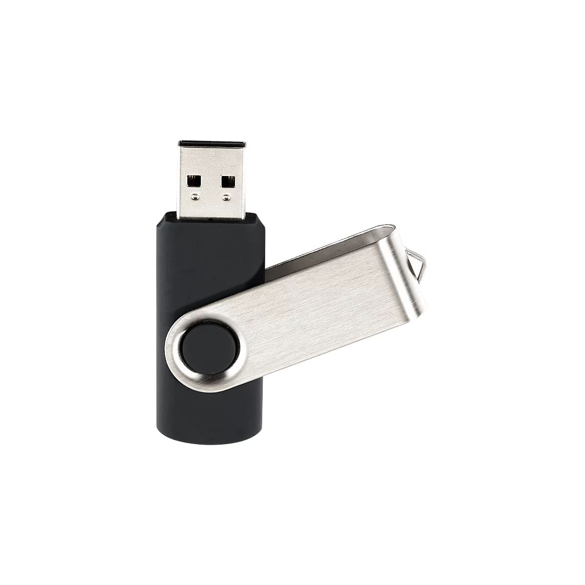 A black USB stick with a silver swivel mechanism.