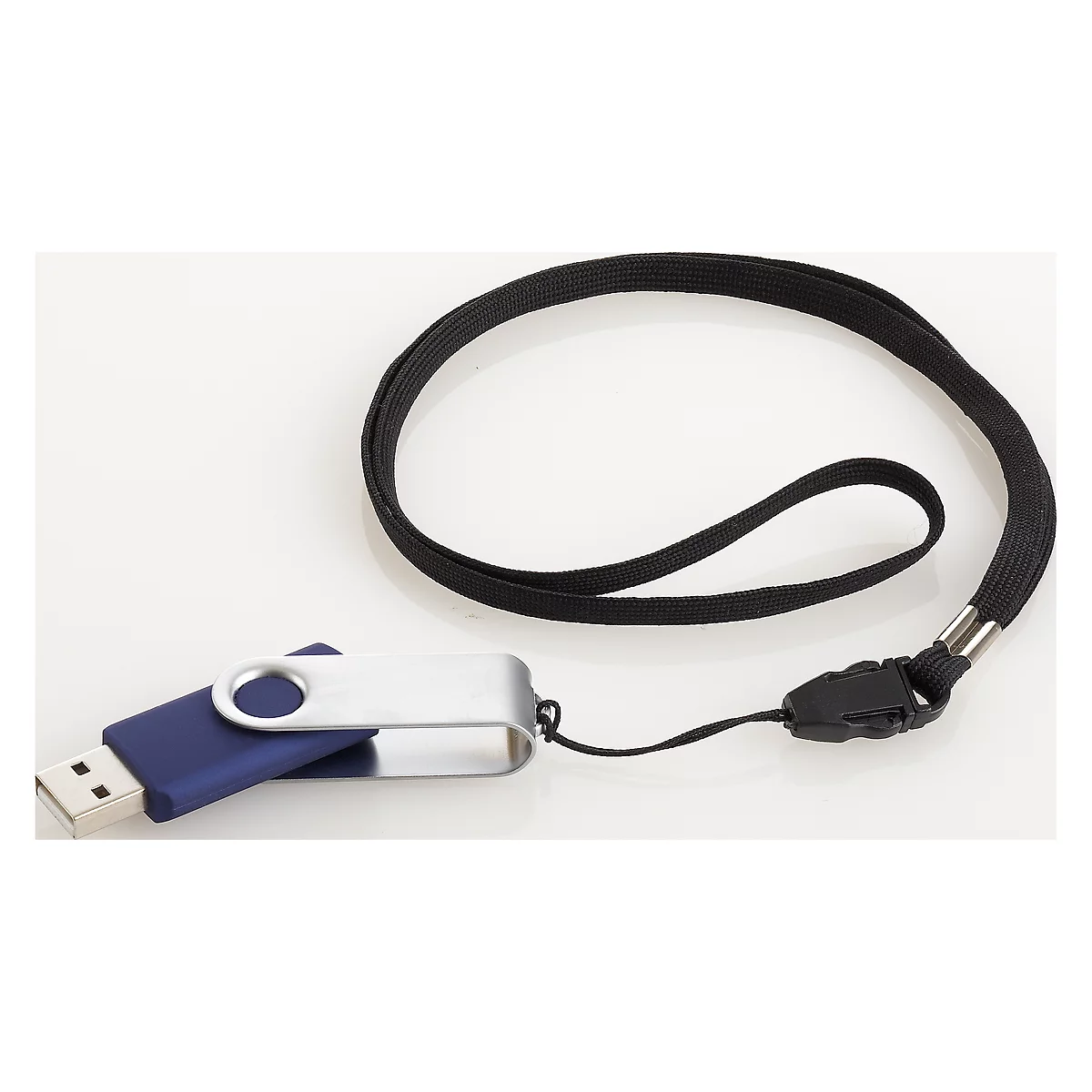 Blue USB drive with silver housing and black lanyard, on a white background.