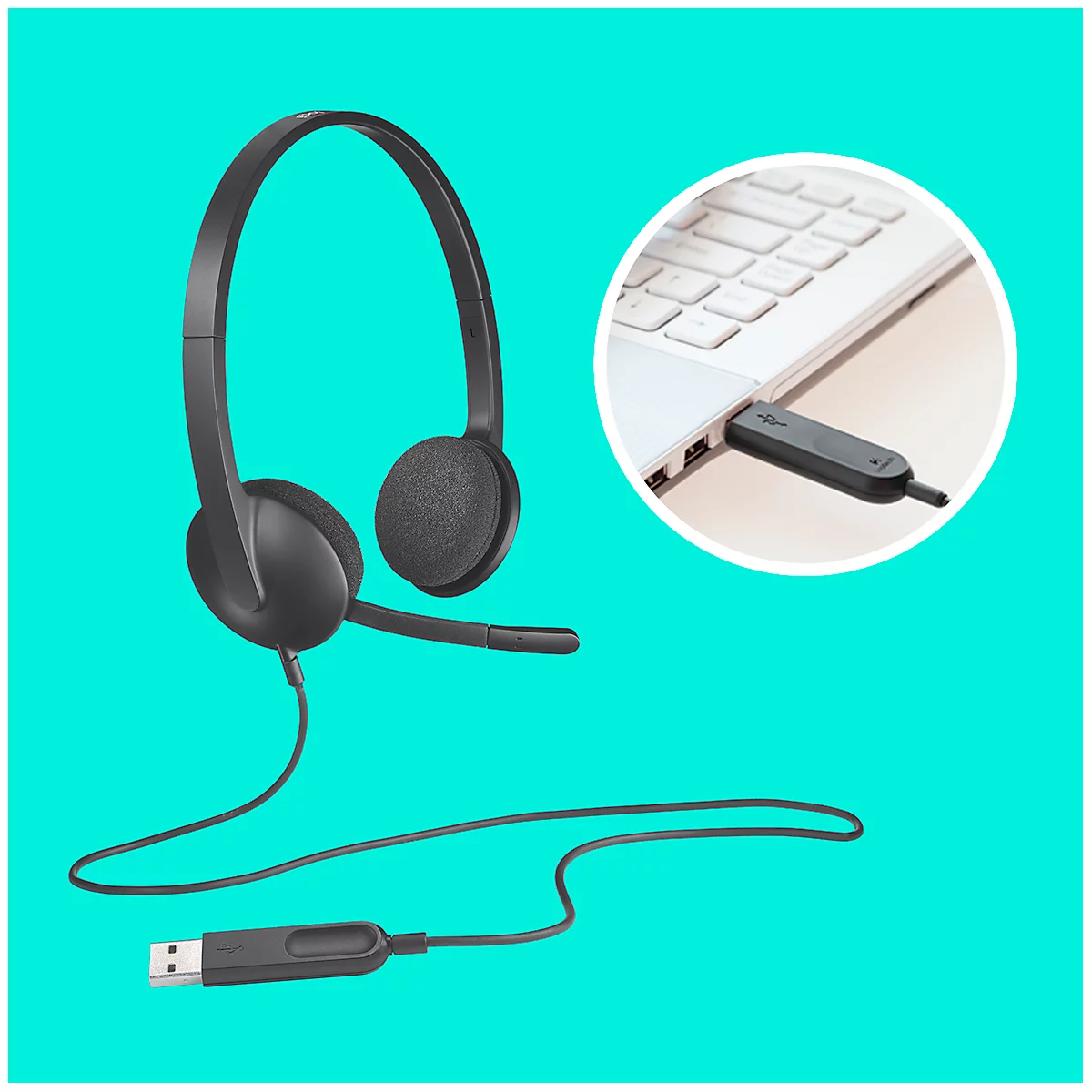 USB Headset Logitech H340, binaural, verstellbares Mikrofon mit Geräuschfilter, verstellbarer Kopfbügel, B 173 x T 65 x H 210 mm, schwarz