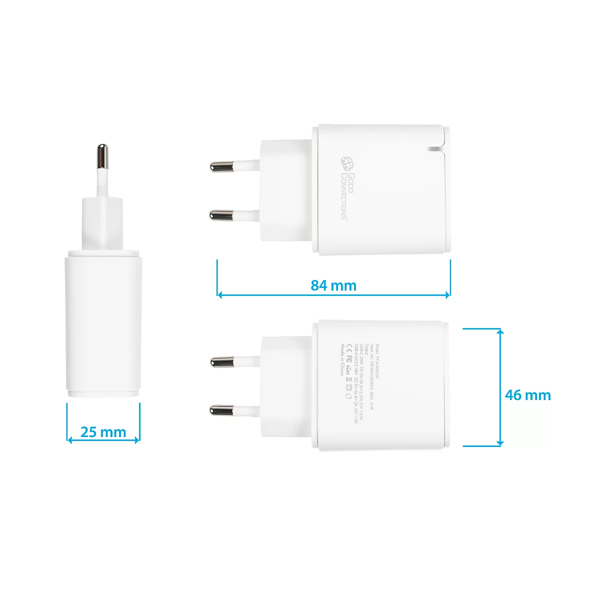 USB-Schnellladegerät Good Connections, 2er-Port mit 1 x USB-A + 1 x USB-C, Leistung 20 W, weiß