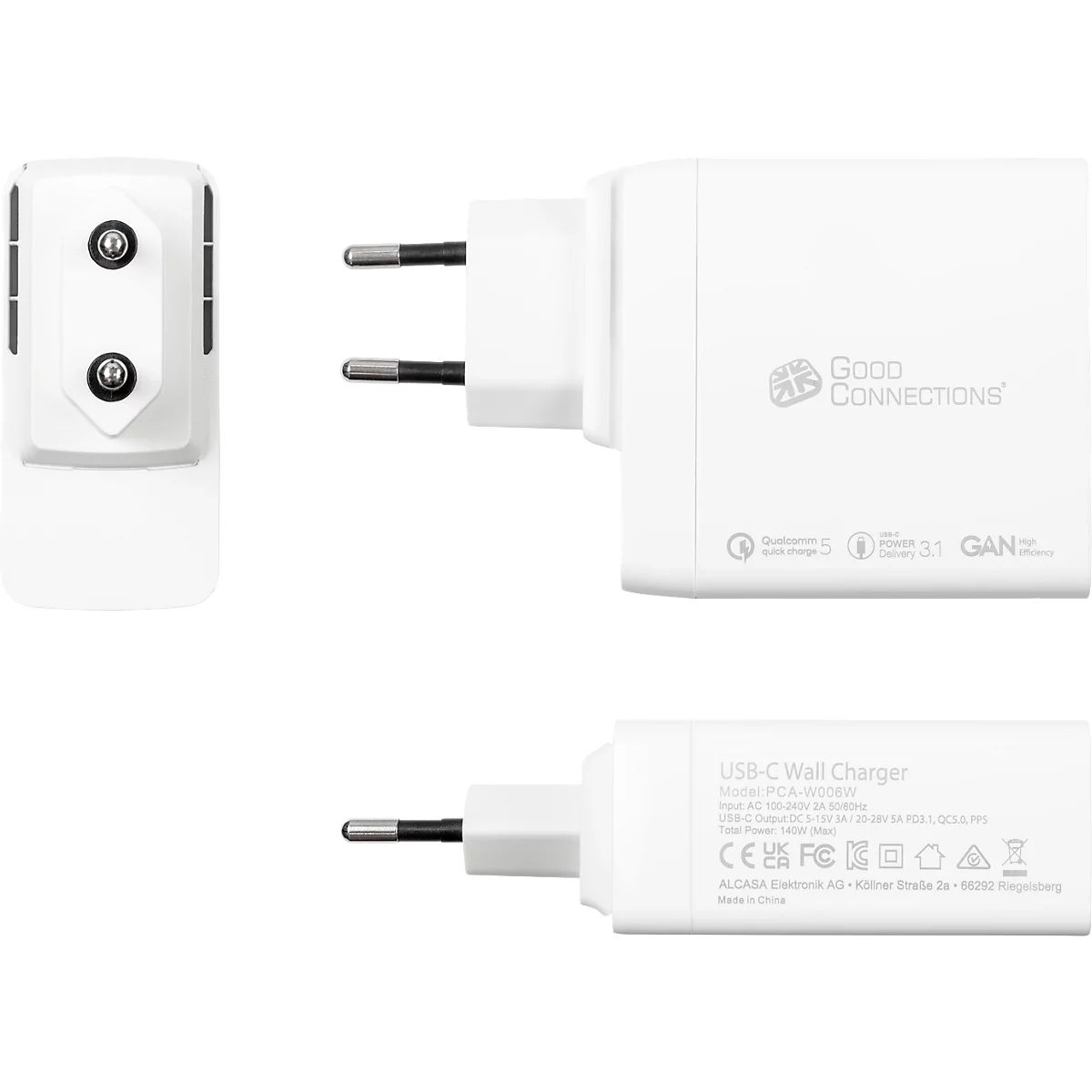USB-Schnellladegerät Good Connections, mit GaN-Technologie, 2er-Port mit 2 x USB-C, Leistung 140 W, inkl. Ladekabel, weiß
