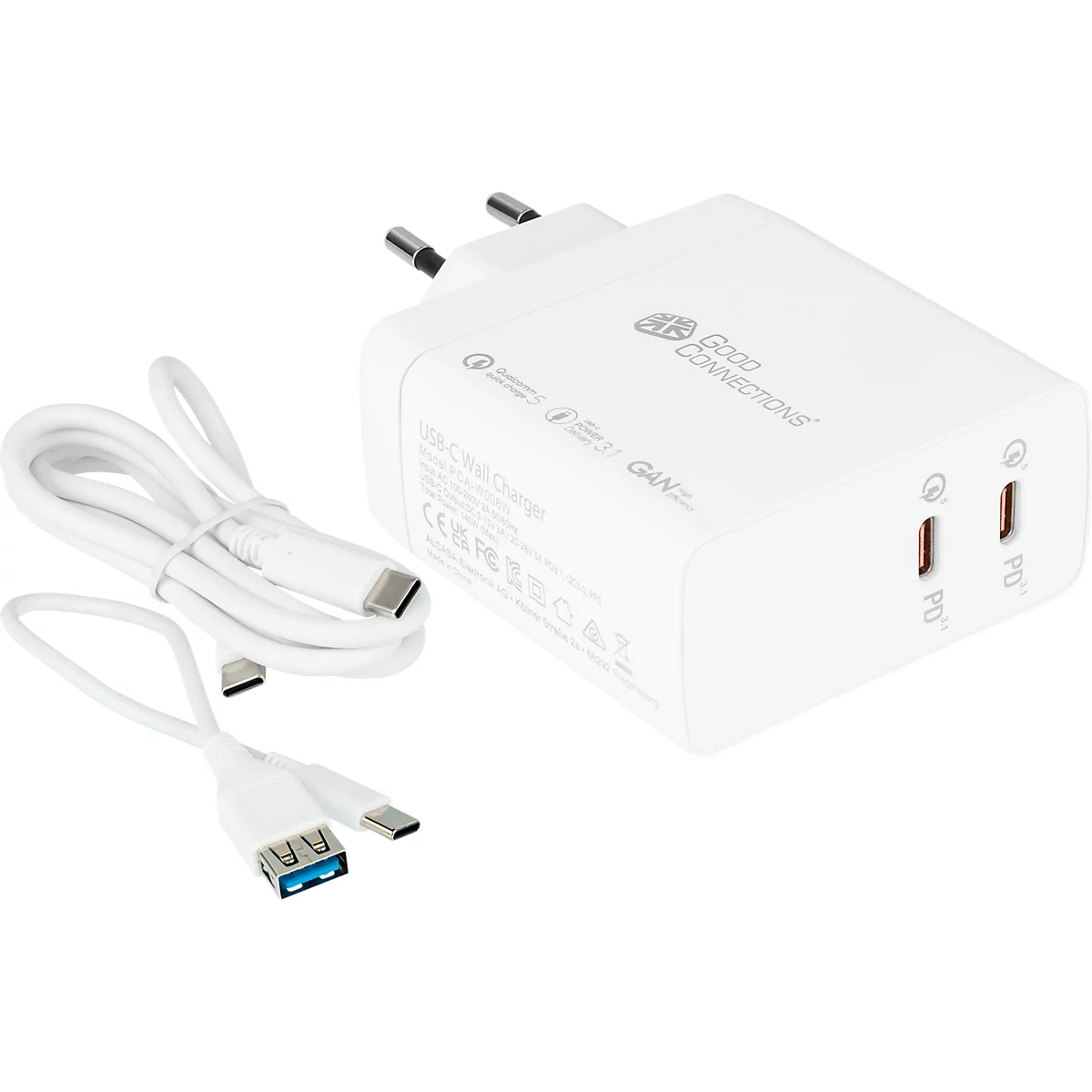 USB-Schnellladegerät Good Connections, mit GaN-Technologie, 2er-Port mit 2 x USB-C, Leistung 140 W, inkl. Ladekabel, weiß